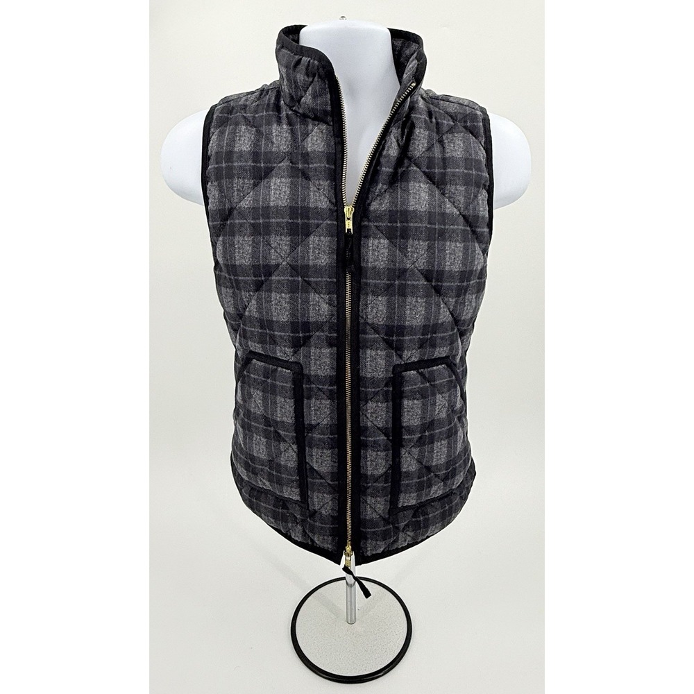 J.Crew "Excursion" Quilted Puffer Vest Gray Black Plaid Down Fill E4823 Womens S